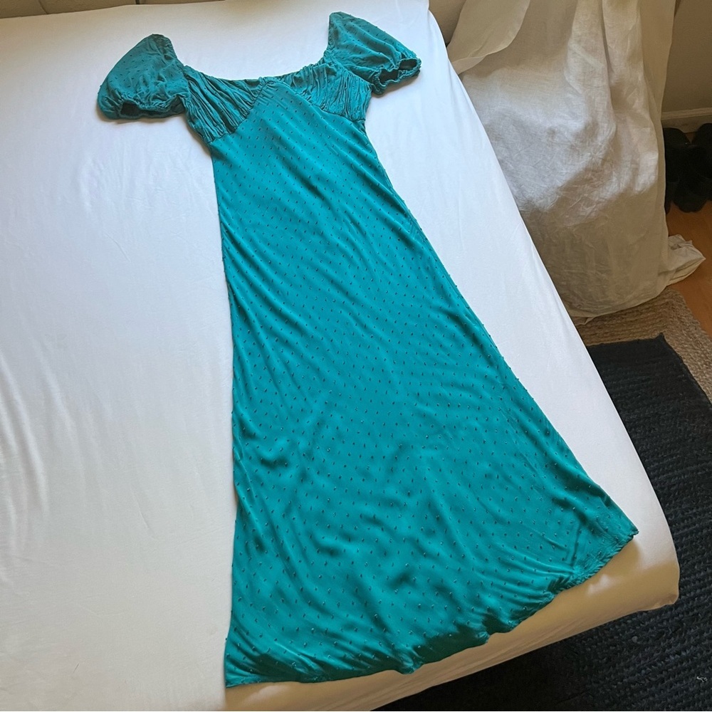 MAJORELLE turquoise teal green blue Swiss dot puff short sleeve backless midi
